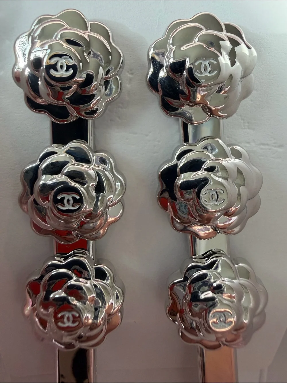CHANEL Silver Camellia Clip Pair — Shiny Floral Brooch Clips NWT